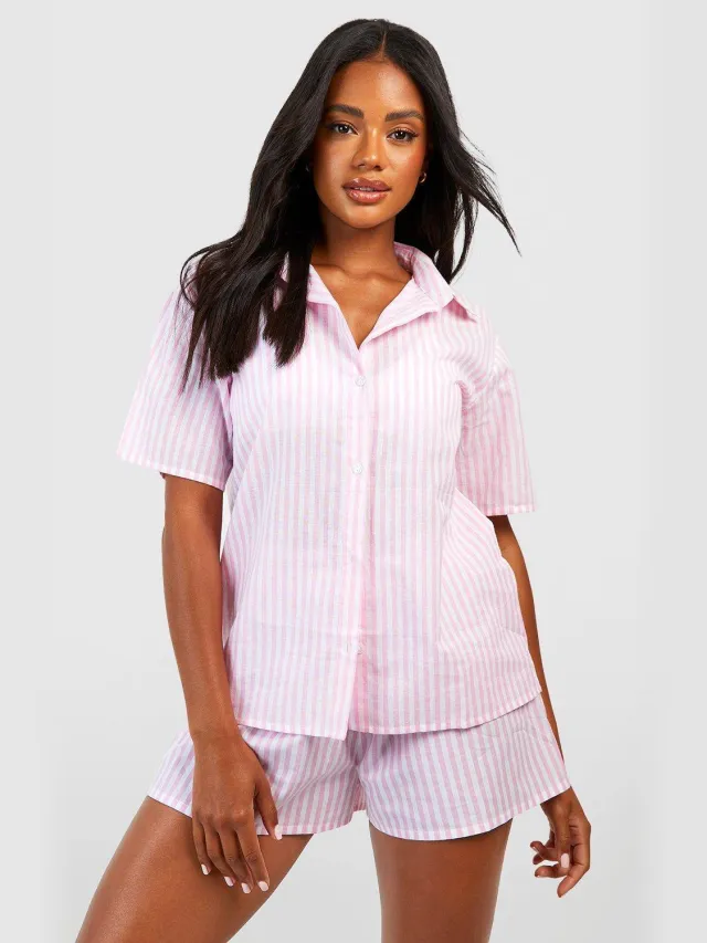 boohoo Dames Cotton Pinstripe Oversized Short Sleeve Pyjama Shirt roze, foto 2