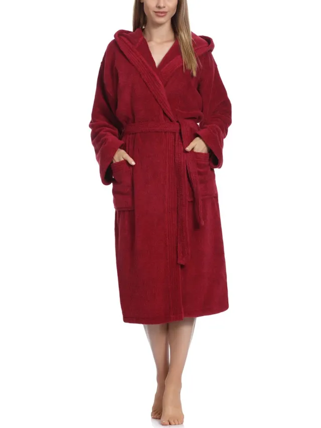 Ladeheid Dames Badjas met Capuchon - 100% Katoen - Wasmachine bestendig - Badstof - Wijnrood - L - LA-LA40-193-DG