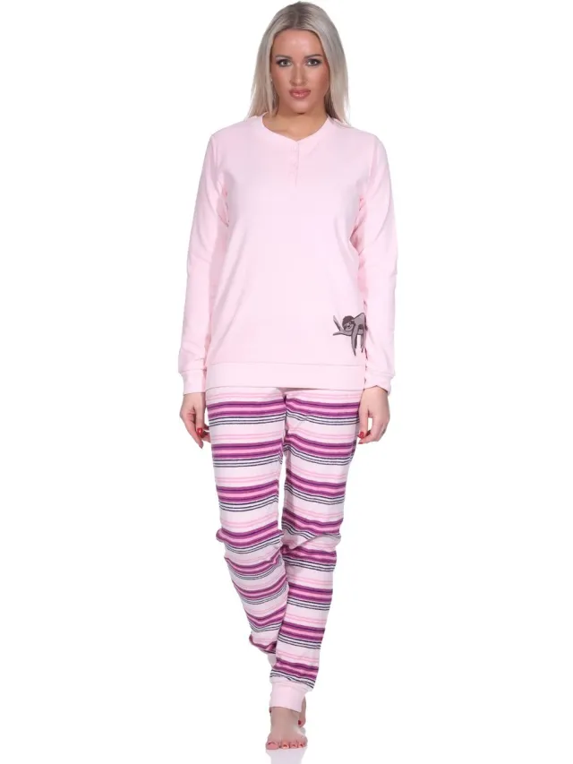 Normann Dames badstof pyjama broek gestreept - leuk luiaard dierenmotief - ook in oversized maten rosa