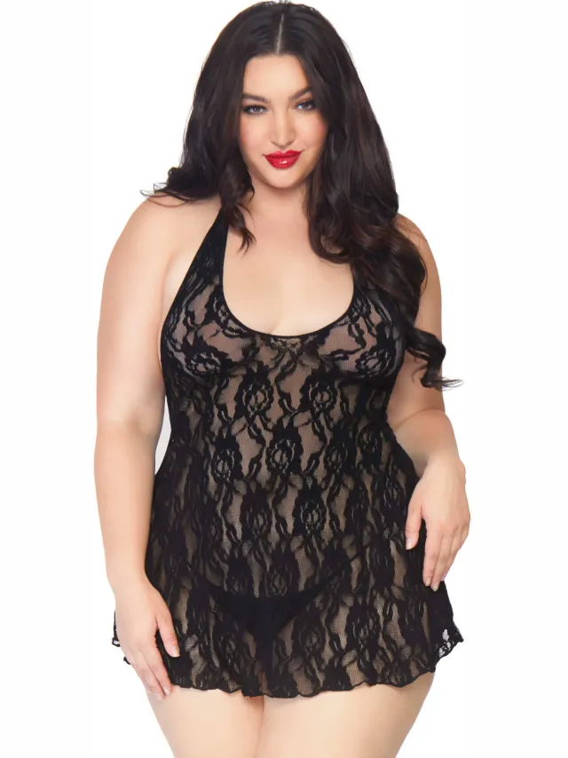Leg Avenue +size kanten halter slipdress met string zwart