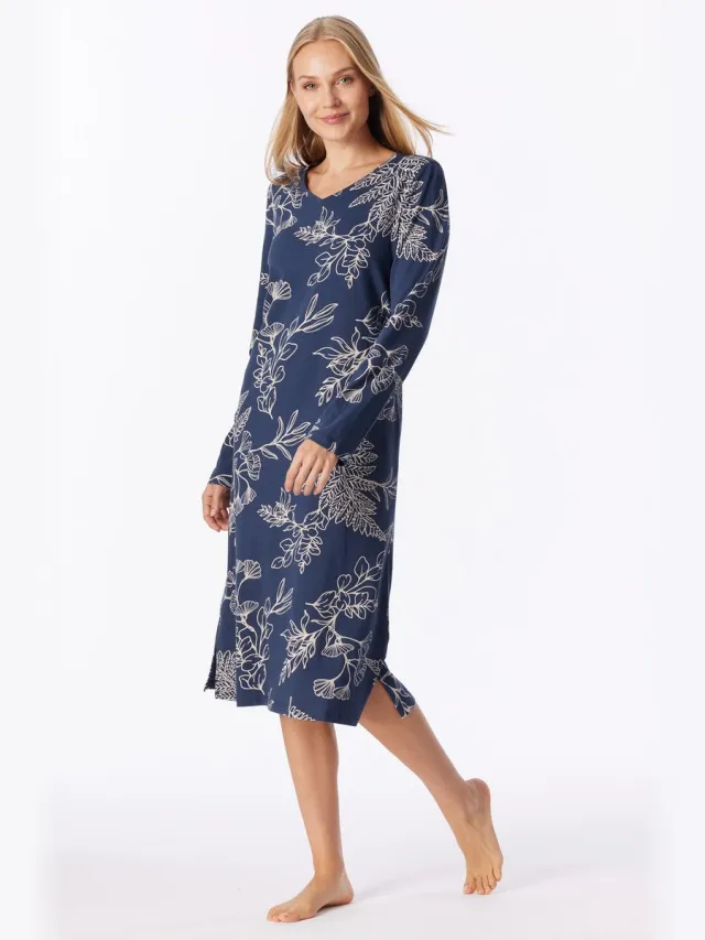 Schiesser dames Comfort Essentials nachthemd met lange mouwen met admiraalpatroon - admiraal dessin Blauw