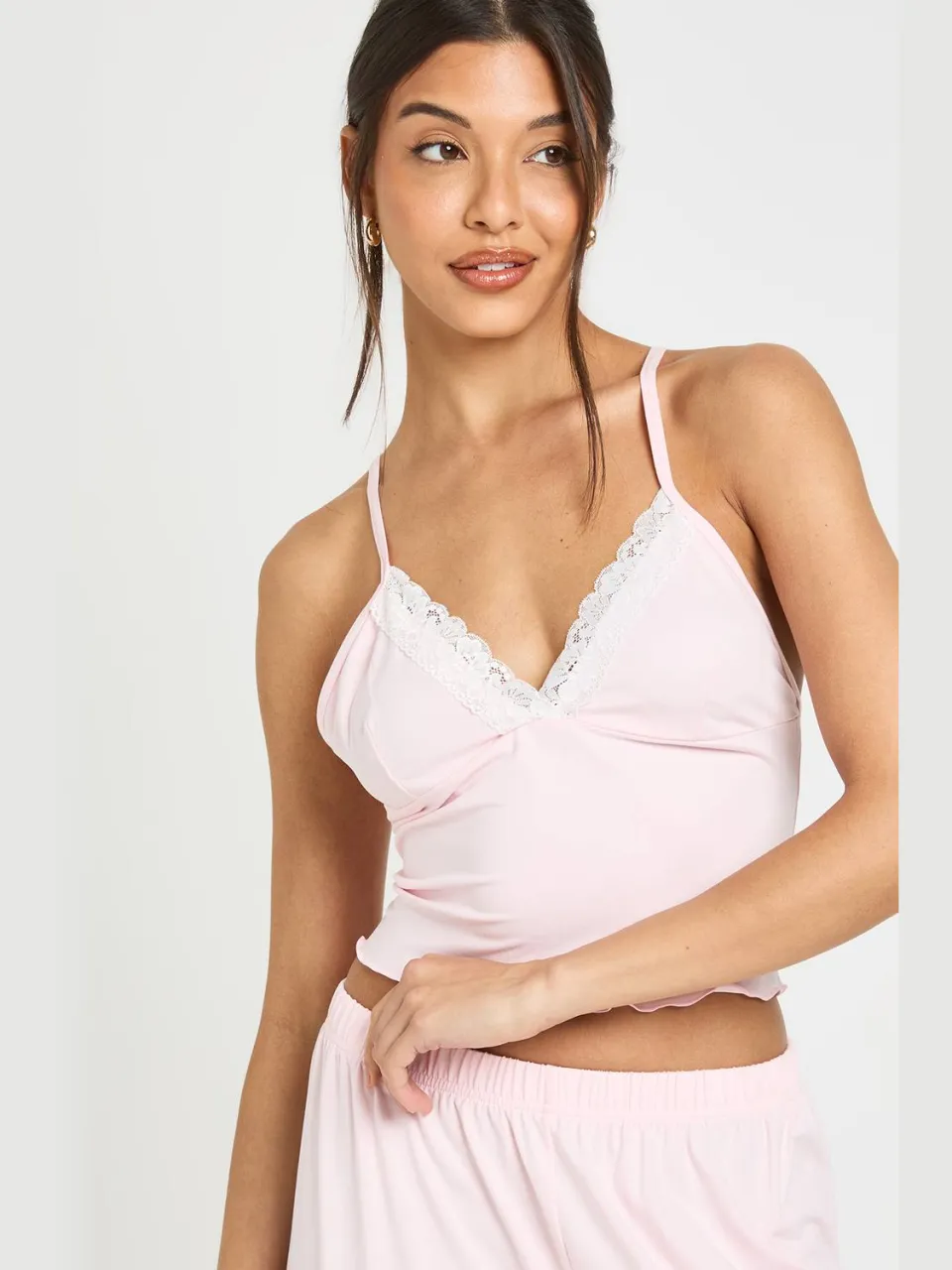 boohoo Dames Jersey Pyjama Set Met Kanten Afwerking Cami & Broek baby roze, foto 3