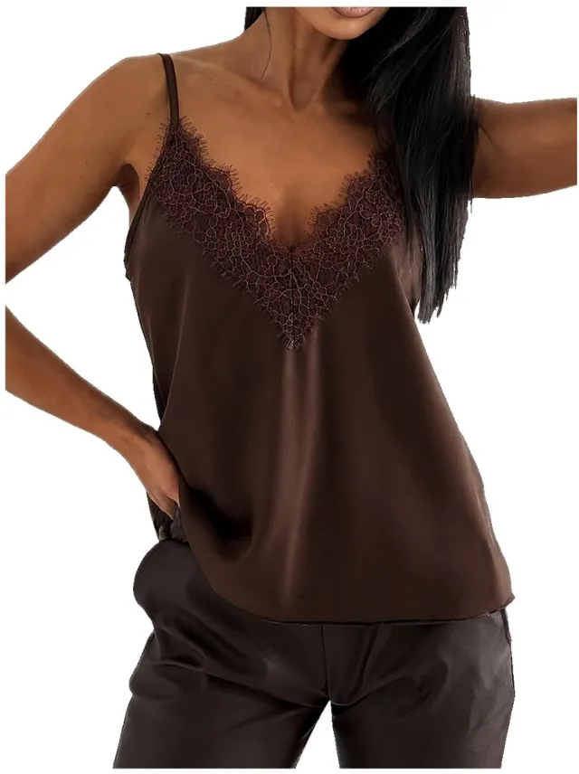 Currero Top Met Kant Dames - Topje - Kleding - Shirt - Blouse - Kort - Volwassen - Donkerbruin