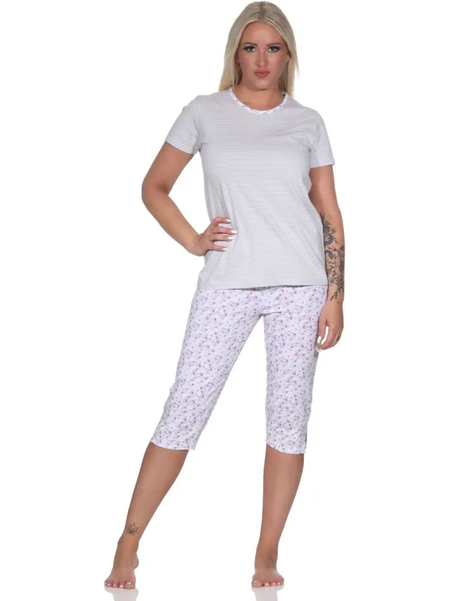 Normann Gebloemde capri damespyjama met strepen, 3/4 broek & ronde hals grau