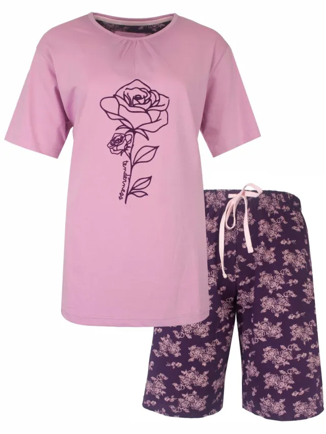 Tenderness Dames Shortama - Pyjama Set - Roos Print - Lila Paars
