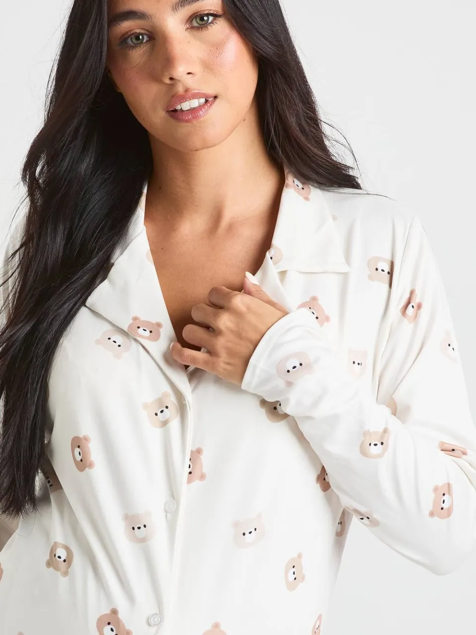 boohoo Dames Zwangerschaps-pyjama set met shirt en broek in berenprint lichtbruin, foto 4