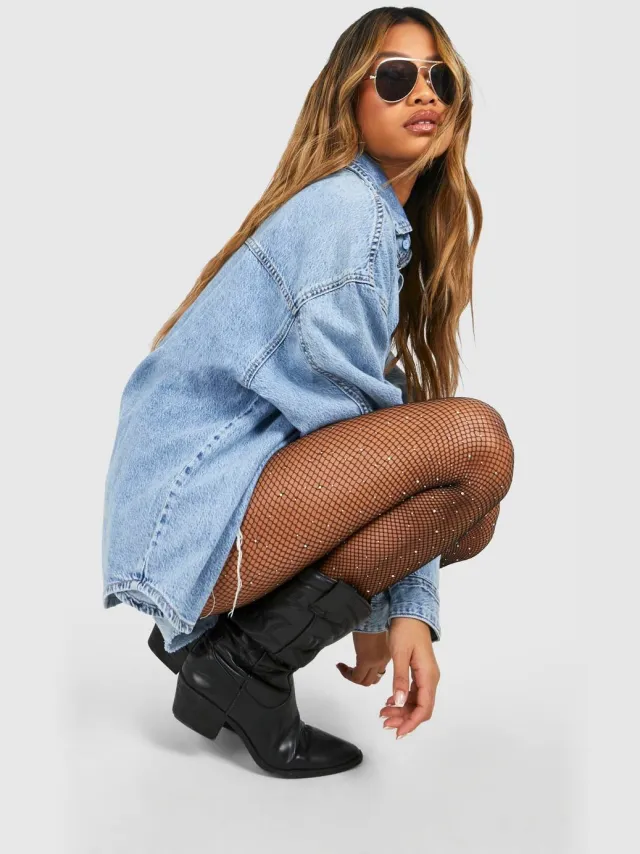 boohoo Dames Black Fishnet Diamante Tights Zwart