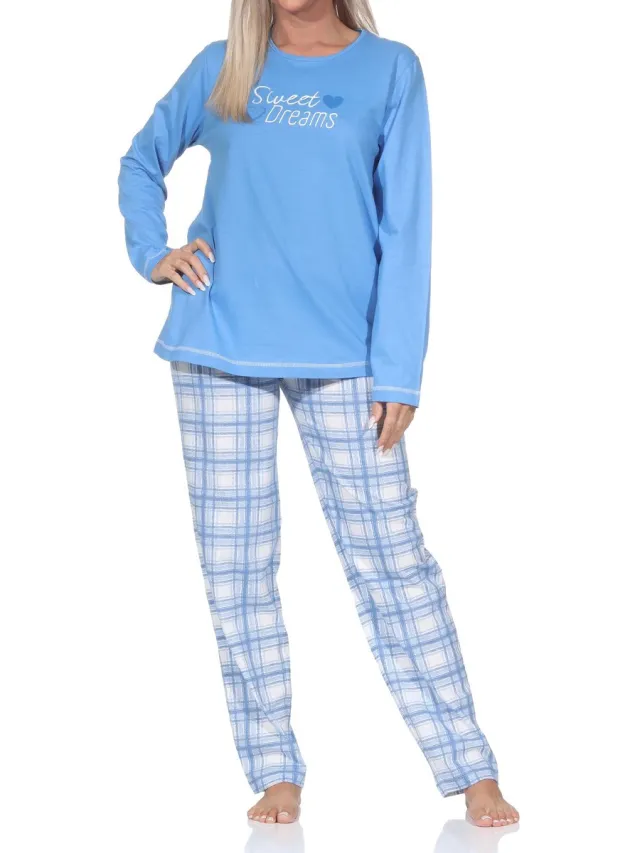 Normann damespyjama met geruite jersey pyjamabroek - ook in grote maten blau