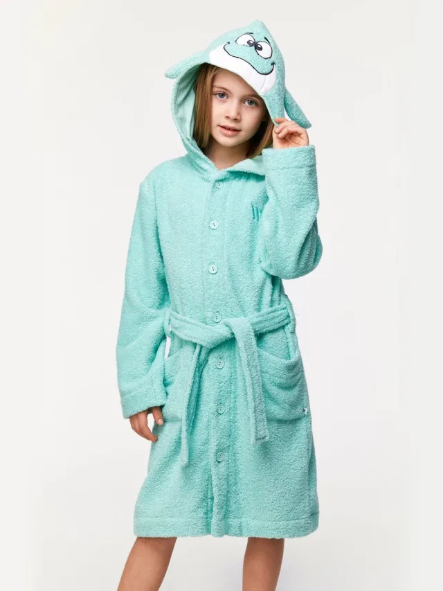 Woody badjas unisex - turquoise - walvis - 231-1-ROA-B/702