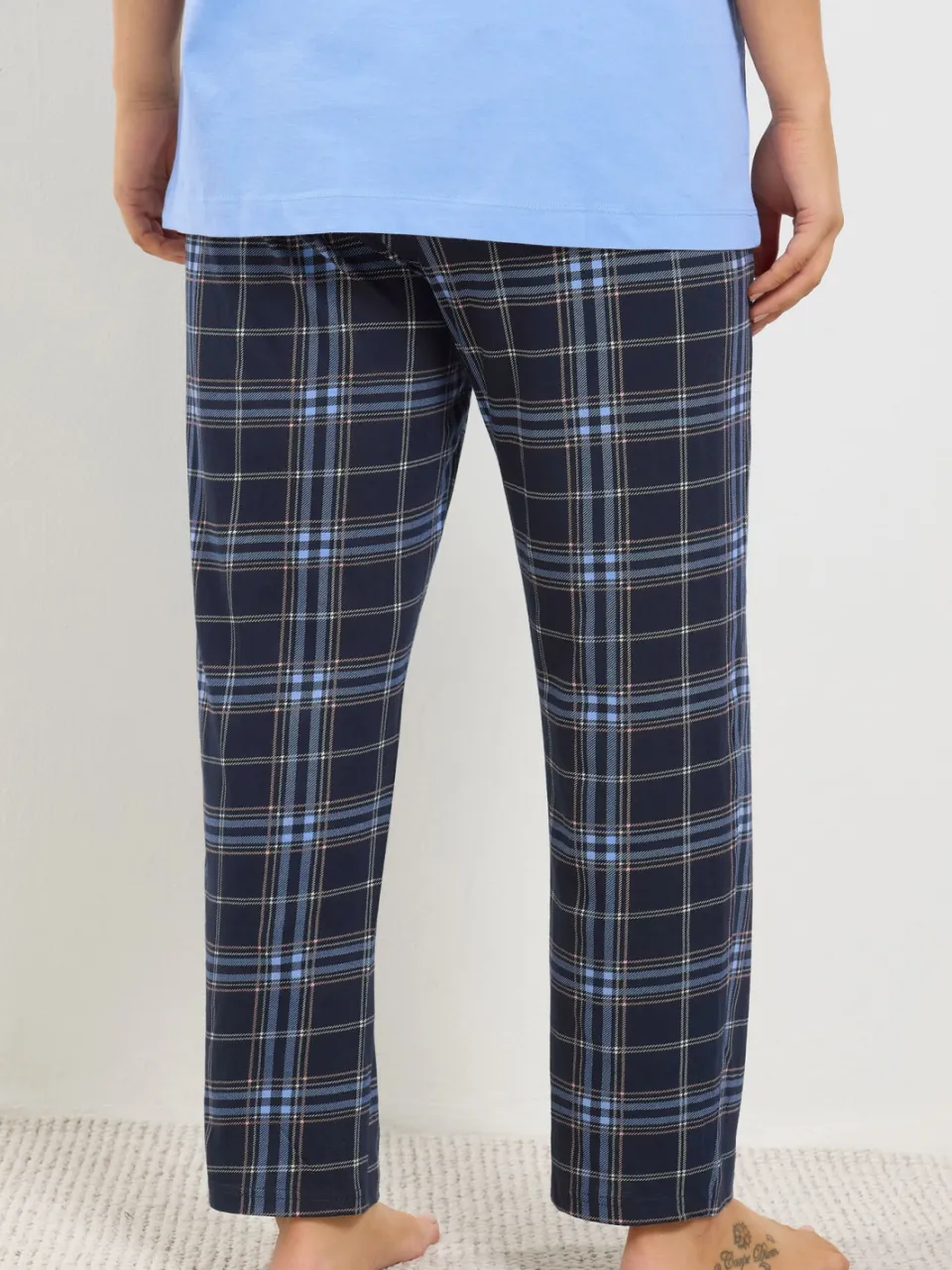Yours Blauwe Geruite Katoenen Pyjamabroek Met Wijde Pijpen-44, foto 4