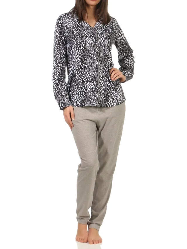 Normann Elegante damespyjama met lange mouwen om door te knopen in polka dot look grau