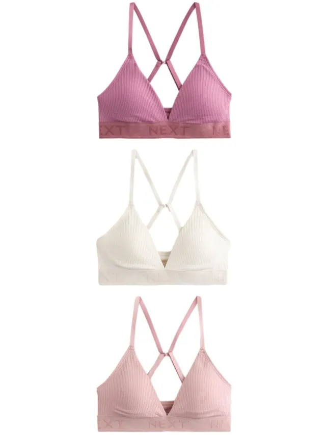 Next Dames - Katoenen geribbelde bralettes met logo, zonder vulling, zonder beugels, set van 3 - Paars
