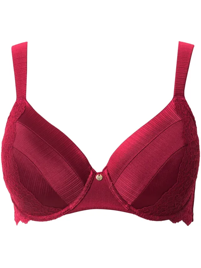 Ulla Popken Dames - Beugelbeha zachte cups satijn kant - Wijnrood