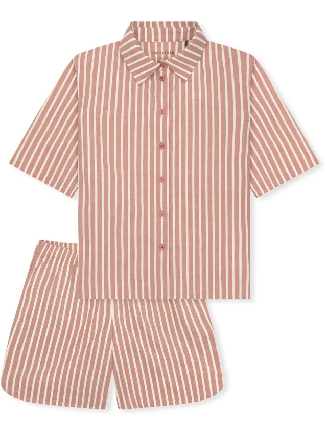 Schiesser dames Selected Premium korte pyjama van geweven stof met strepen in terracotta-kleur - terracotta dessin