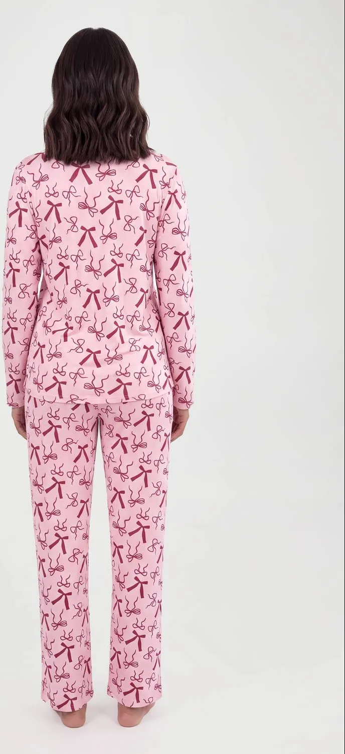 boohoo Dames Zwangerschaps Pyjama Set Met Strikjesprint, Lange Mouwen Shirt & Broek roze, foto 2