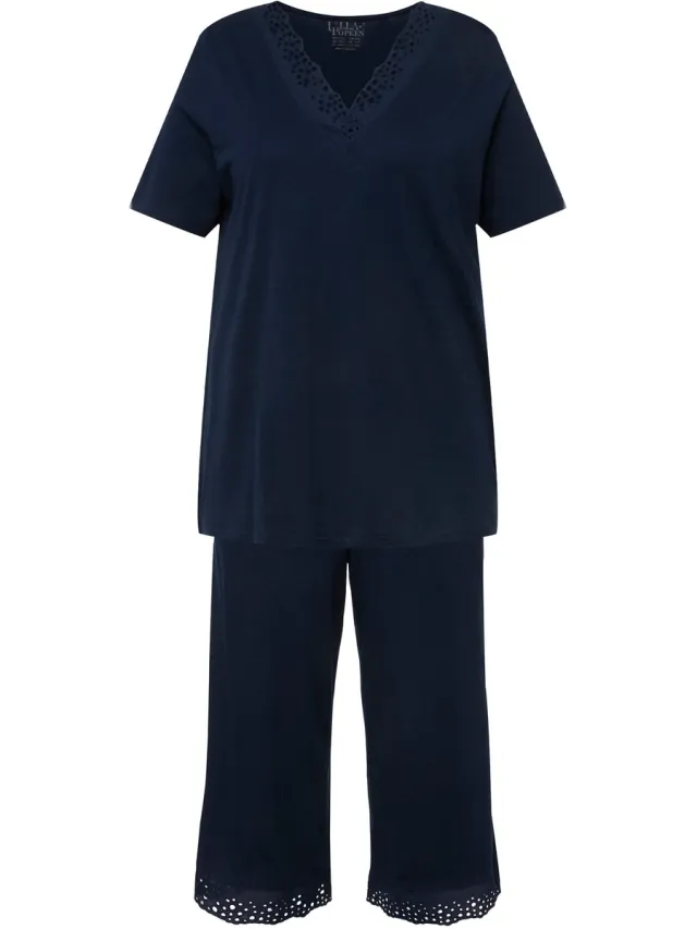 Ulla Popken Dames - Pyjama opengewerkt borduursel korte mouw modalmix - Nachtblauw - Maat 54+