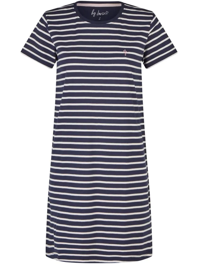 By Louise Dames Lang Nachthemd Korte Mouw Donkerblauw/Wit Gestreept