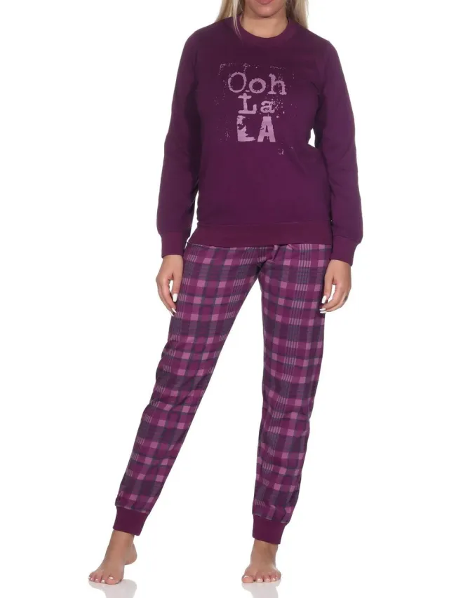 Normann damespyjama met lange mouwen en geruite jersey broek lila