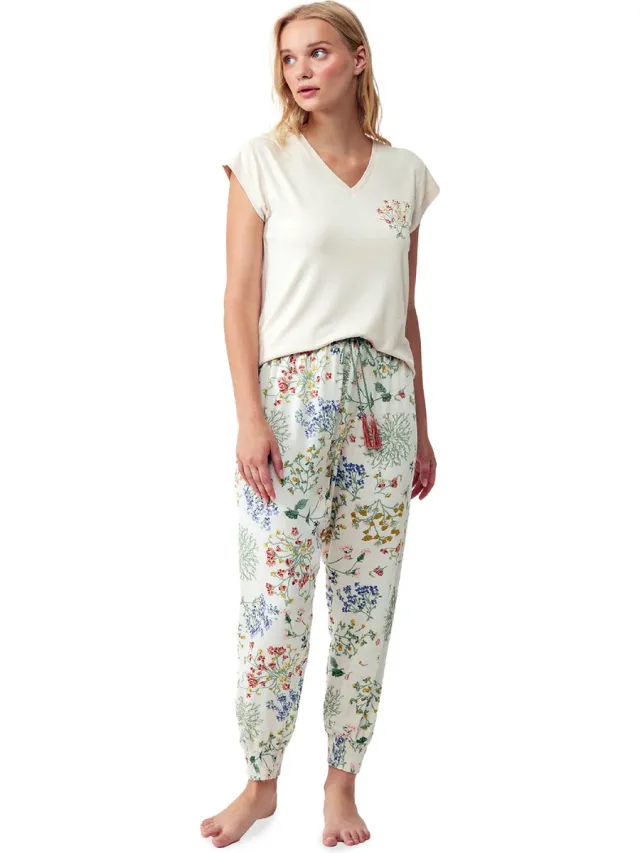Catherine's Dames Pyjama Set, Korte Mouwen Beige