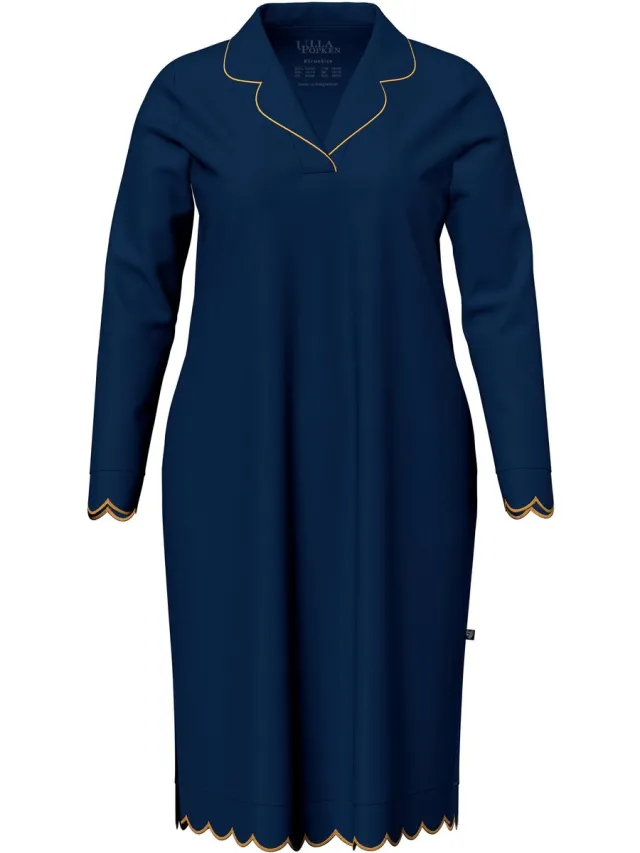 Ulla Popken Dames - Nachthemd pyjama-stijl reverskraag lange mouwen modalmix - Nachtblauw - Maat 54+