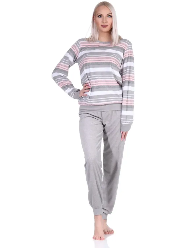 Normann Elegante damespyjama in badstof met lange mouwen en manchetten in streepjeslook - 212 840 grau