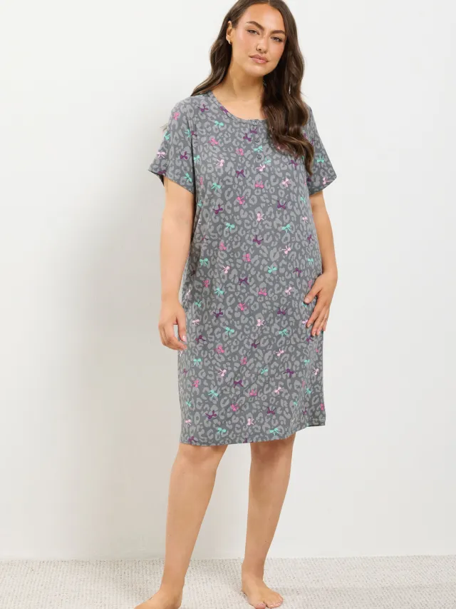 Yours Grijze Zacht Aanvoelende Nachtjapon Met Luipaardprint, Strik En Knoopsluiting-56 Grey