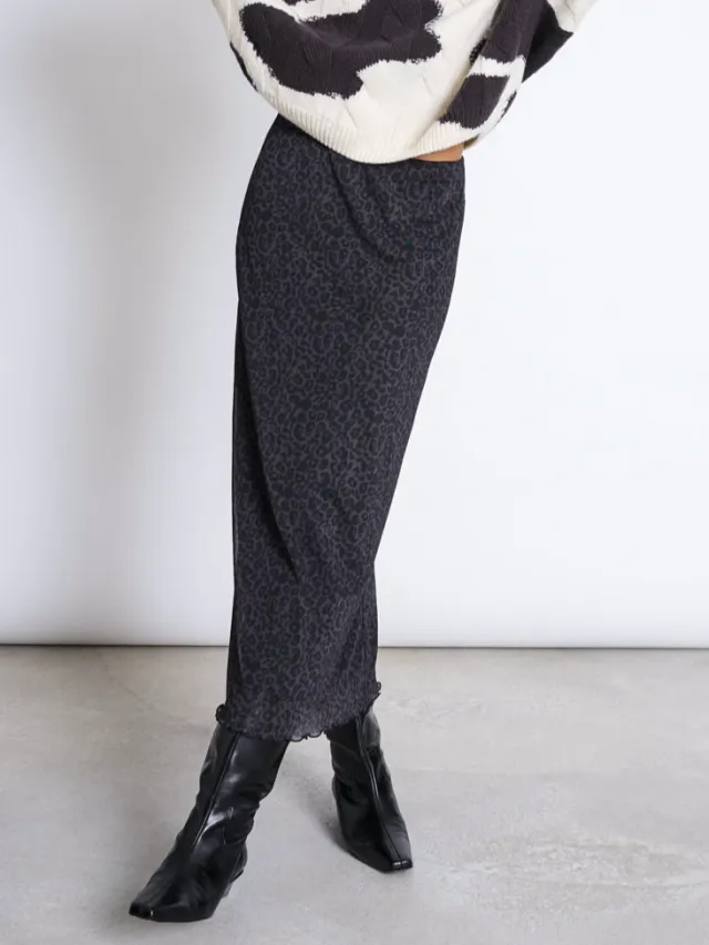 JAN N JUNE dames vegan Mesh Maxirok Smuk Donkere Luipaardprint Zwart