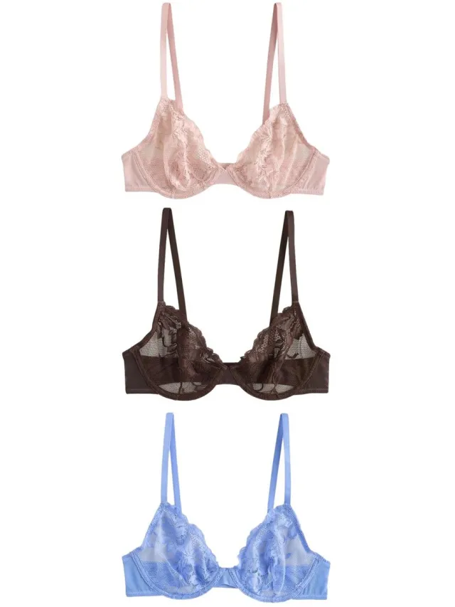 Next Dames - Set van 3 kanten beha's (E76841) zonder vulling met volledige cups - Bruin Chocolate/Pink/Blue