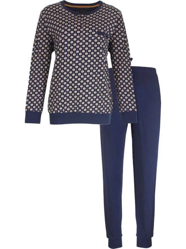 Medaillon Dames Pyjama - 100% Katoen - Blauw met Bloemetjes