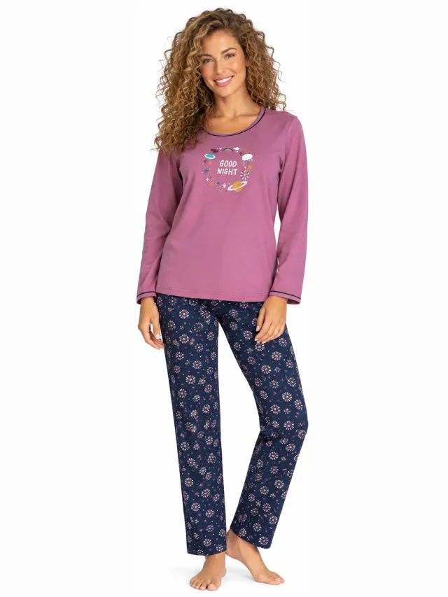 Comtessa Dames Pyjama - Oudroze en Donkerblauw - Good Night Print - Katoen Oudroze, blauw