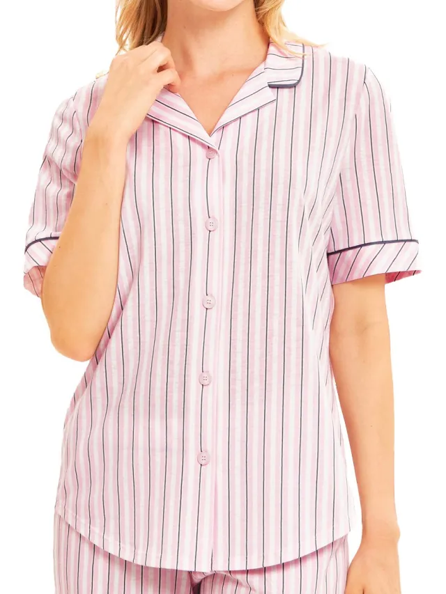 Rösch Dames pyjamashirt Basic rose stripe