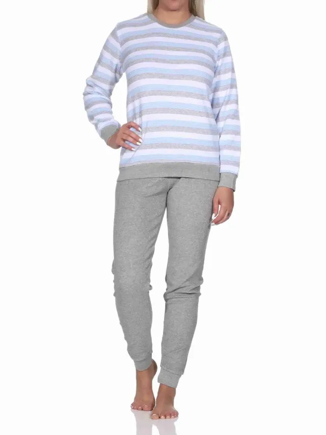 Normann Dames Badstof pyjama met lange mouwen en manchetten - blokstreep-look - ook in overmaten hellblau