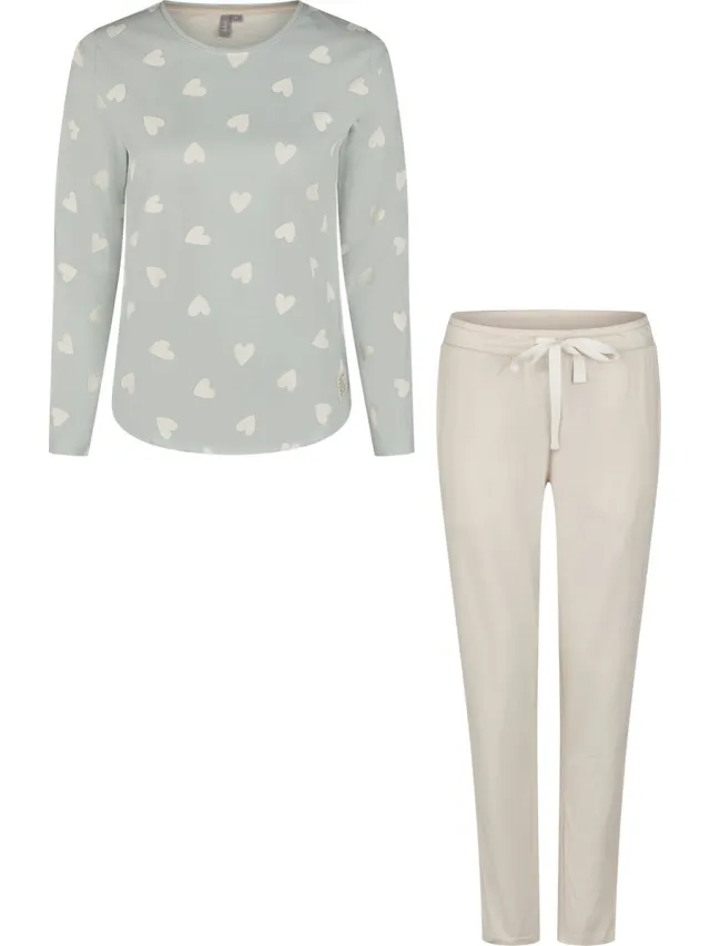 By Louise Dames Pyjama Set Lang Katoen Mintgroen Hartjes/Beige Gestreept