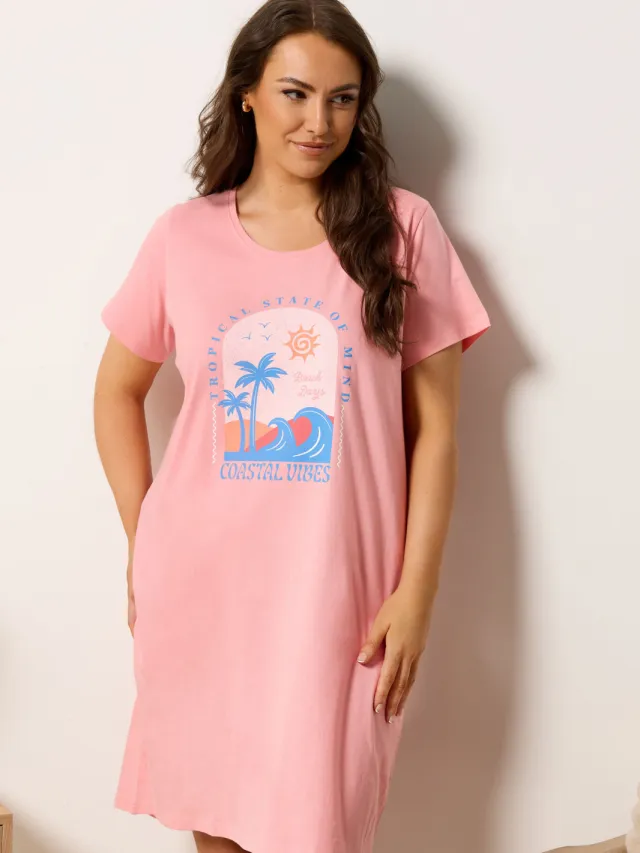 Yours Roze 'Coastal Vibes' Nachthemd Met Lange Achterkant-52 Pink