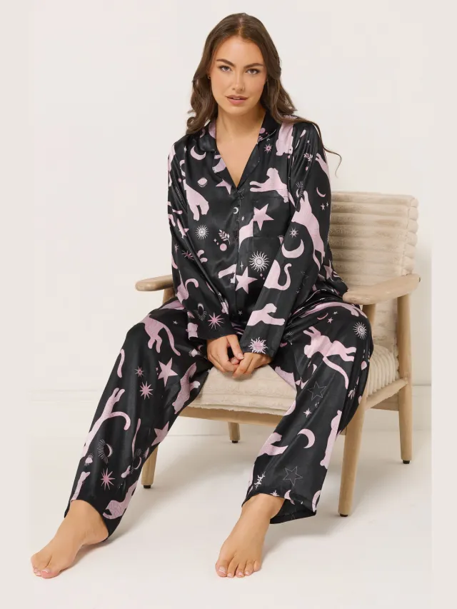 Yours Marineblauwe Luipaard Satijnen Pyjamaset-52 Black