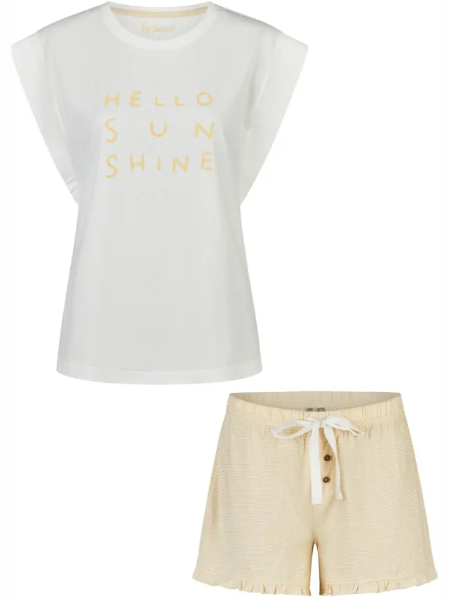 By Louise Dames Korte Pyjama Set Shortama Wit/Geel