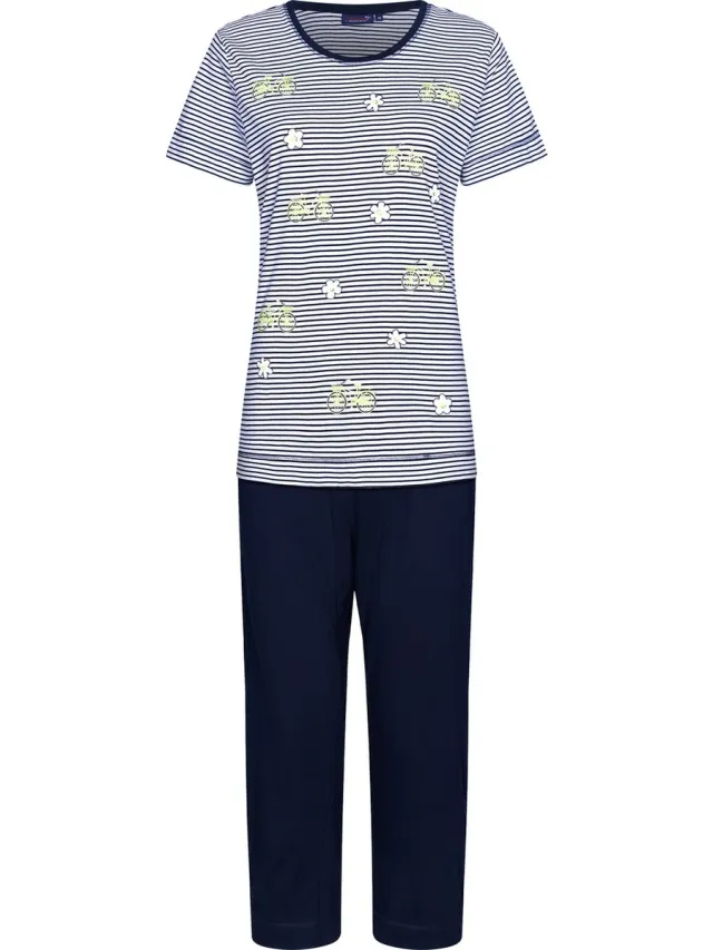 Rebelle Dames Pyjamaset Flower Ride - Blauw/Wit - Katoen
