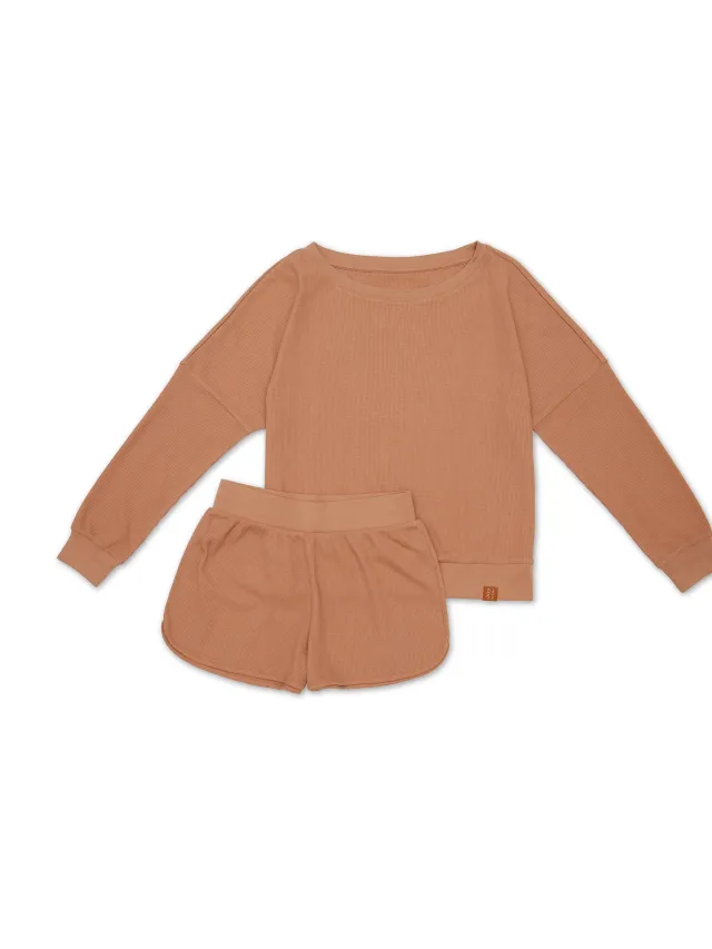 ESOTIQ Dessert 41249 - Damespyjamaset - Lange mouwen - Korte broek - Bruin