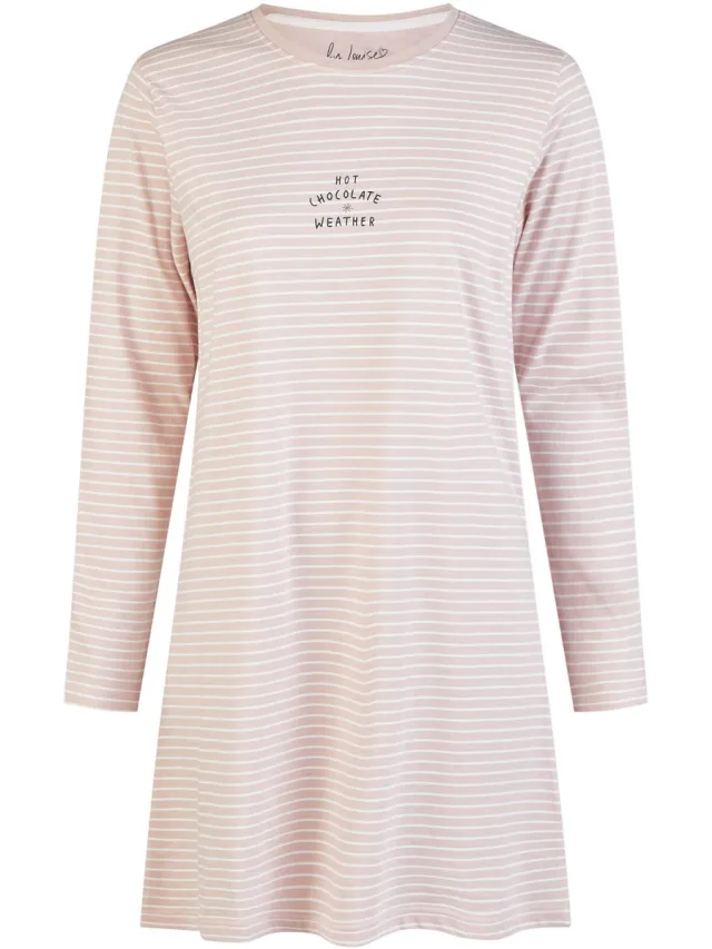By Louise Dames Nachthemd Lange Mouw Katoen Roze/Wit Gestreept