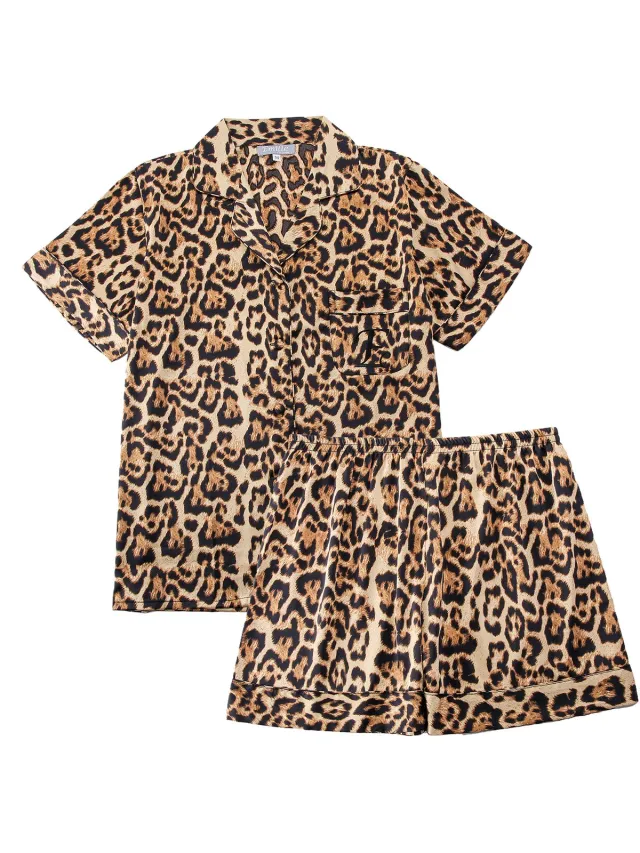 Emilie collection pyjamaset - panterprint - satijn - dames shortama - pyjama kort Bruin