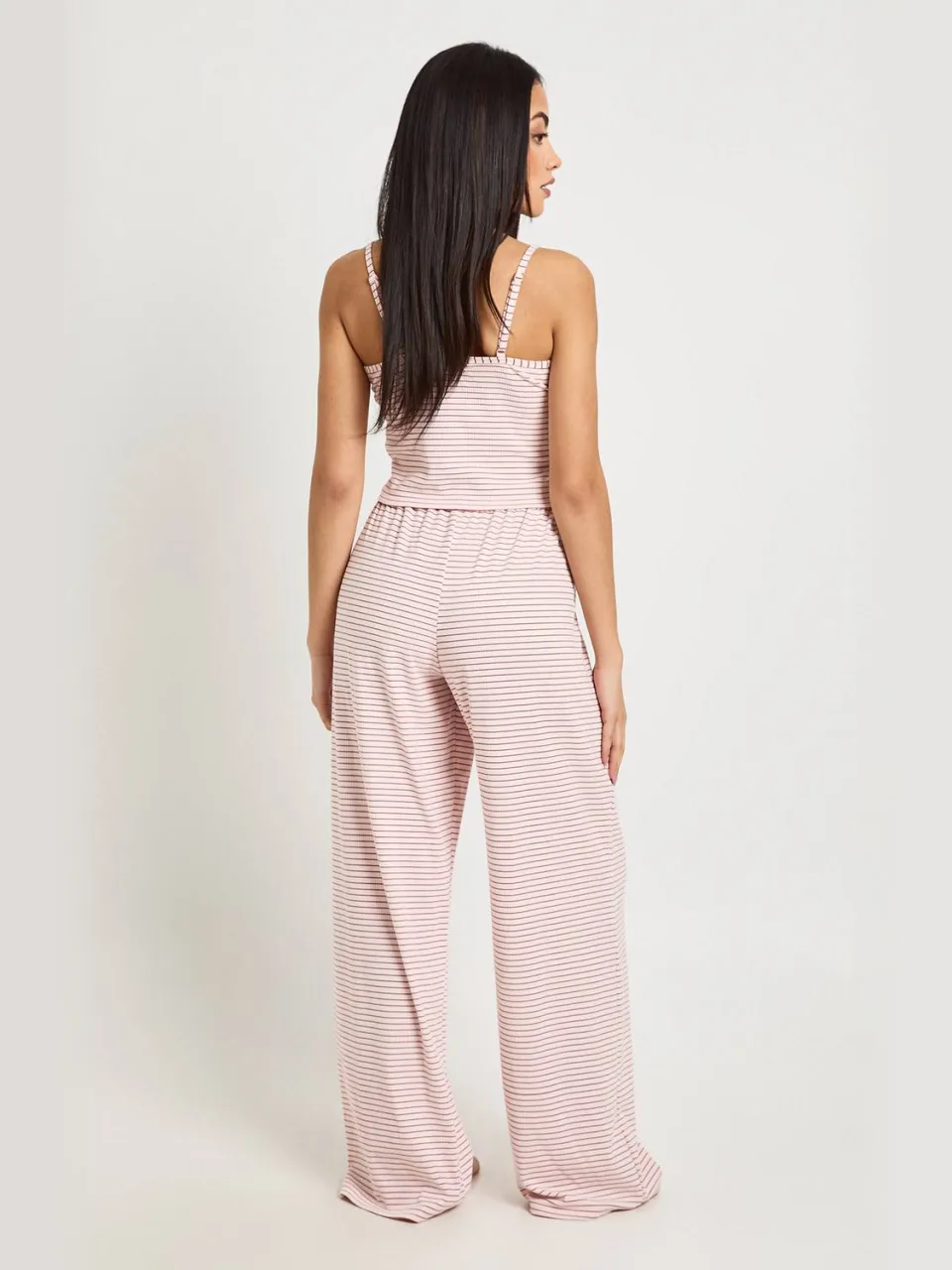 boohoo Dames Zachte Geribbelde Gestreepte Hemdtop & Broek Pyjama Set baby roze, foto 2
