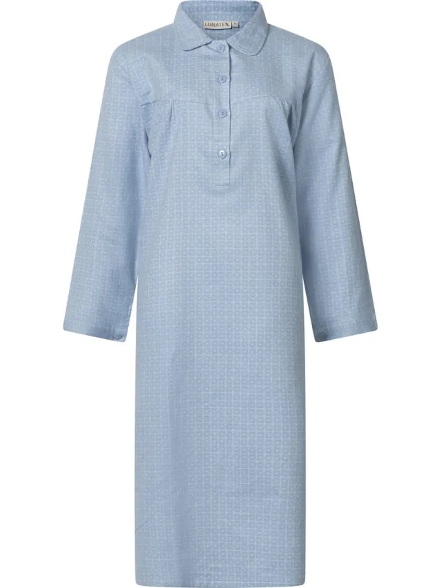 Lunatex klassiek dames nachthemd 643778 met knoopsluiting - warm flanel - blauw