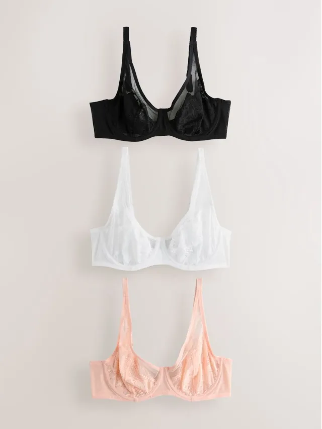 Next Dames - Set van 3 DD+ beha's met kant zonder vulling met volledige cups - Zwart Black/Pink/White