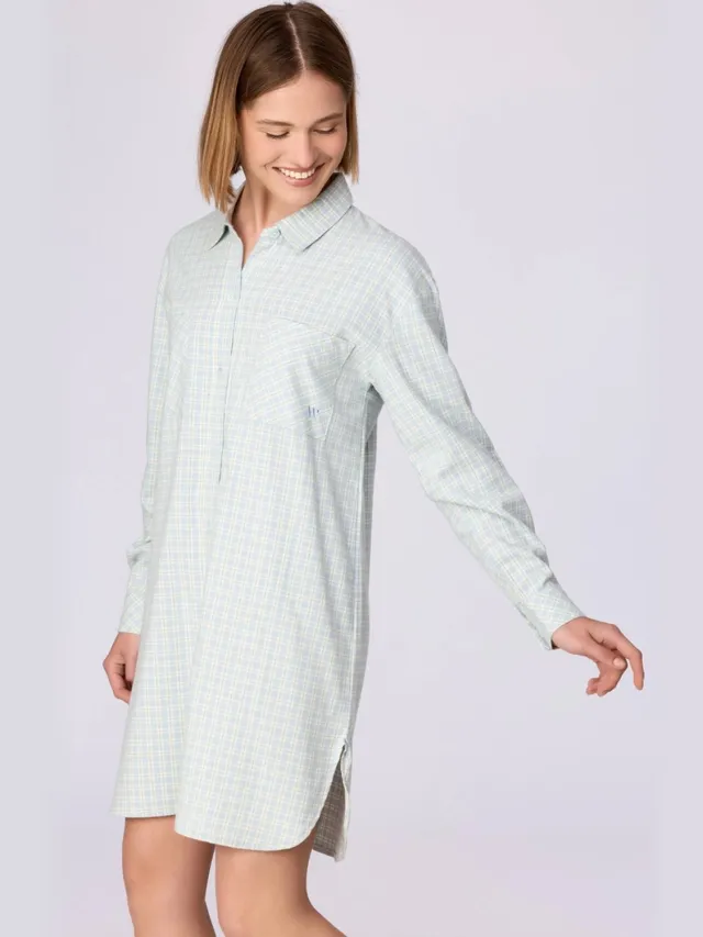 Woody slaapkleed dames doorknoop flanel - lichtblauw geruit - 262-10-WDE-W/935