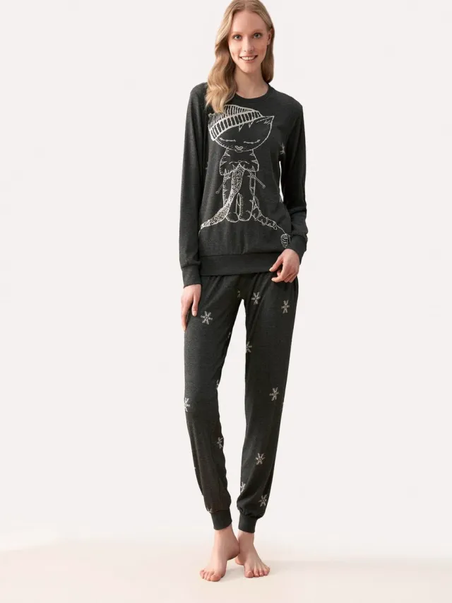 Feyza Pyjama Set Voor Dames, Lange Mouwen donkergrijs