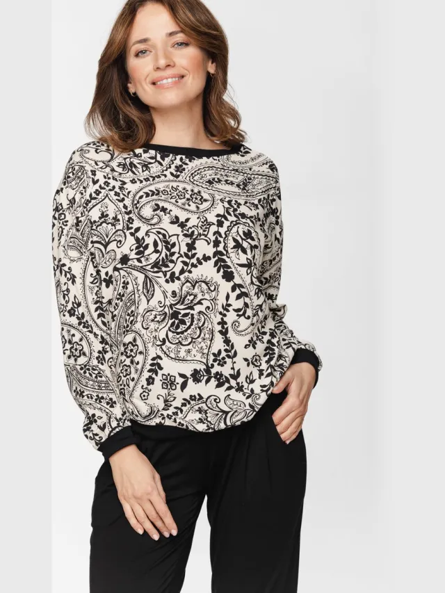 Coemi Dames pyjama set-pyjama top lange mouwen-zwarte duurzame micromodal broek met zakken-crème-zwart