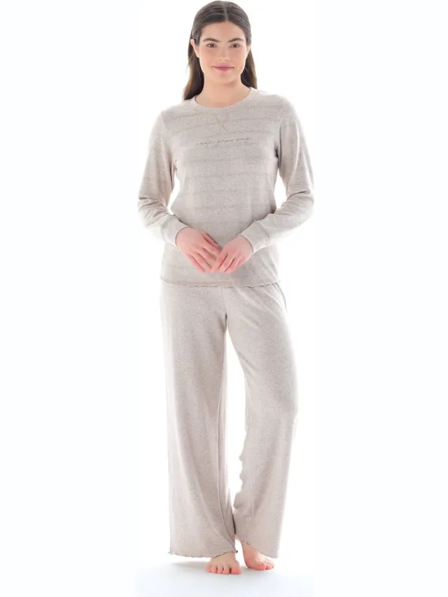 Feyza Dames Pyjama Set, Lange Mouwen, Beige