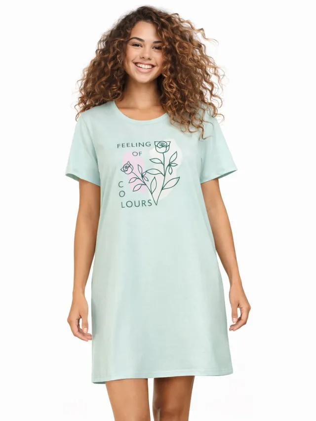 Comtessa Dames Nachthemd Korte Mouw - Katoen - Mint Flowers