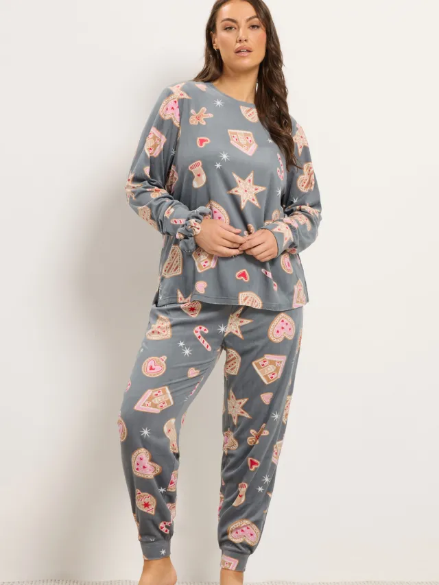 Yours Grijze Fleece Pyjamaset Met Peperkoekprint En Scrunchie-44 Grey