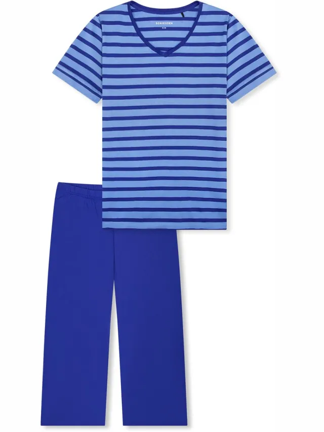 Schiesser dames Casual Essentials pyjama 3/4 lang - royaalblauw dessin koninklijk